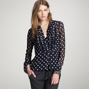 SOLD - J. Crew Dot Flouncette Blouse Navy/Tan Sz 0
